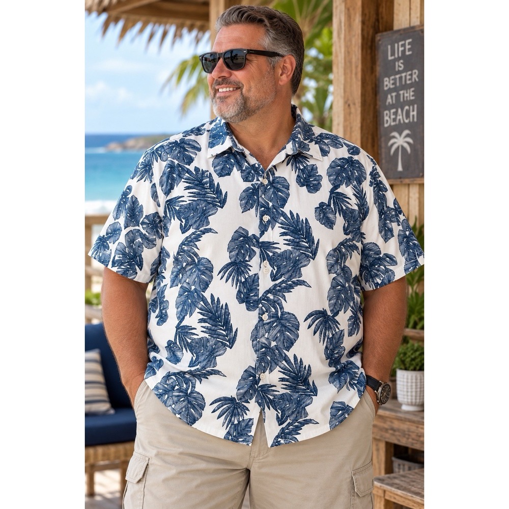 Cafe Luna Men's 2XL Tropical Hawaiian Shirt Blue White Palm Leaf Button Up